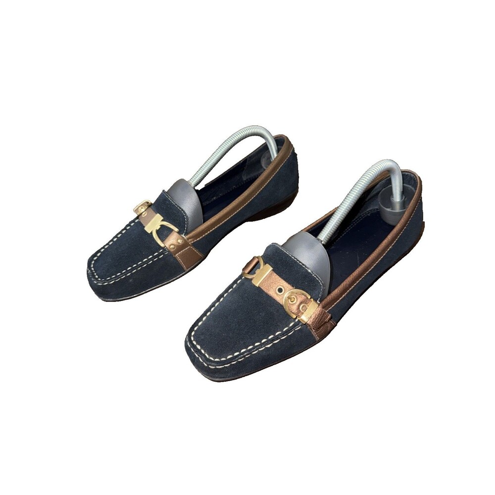Etienne Aigner Navy Suede Horsebit Loafers Bronze Leather Trim Flats Shoes 8.5